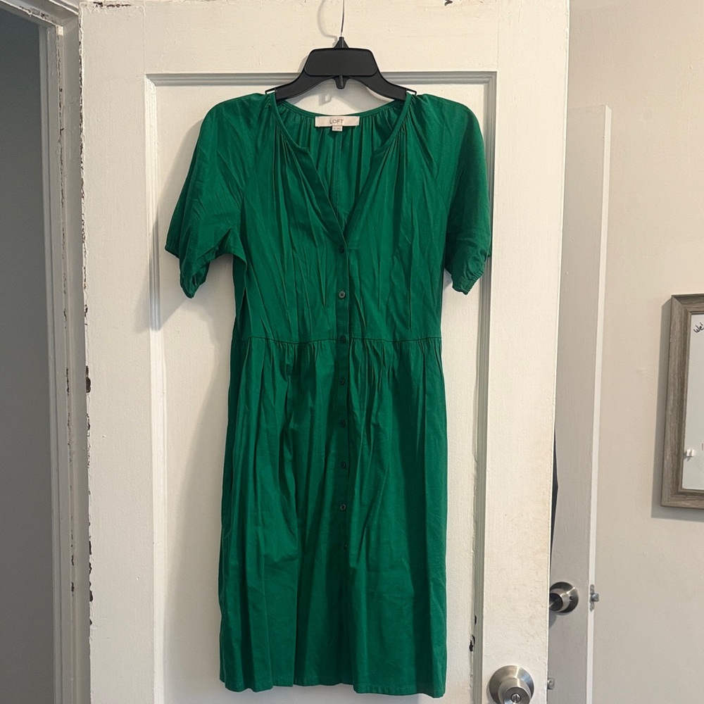 Loft Green Button Up Fit & Flare Dress Size: XS